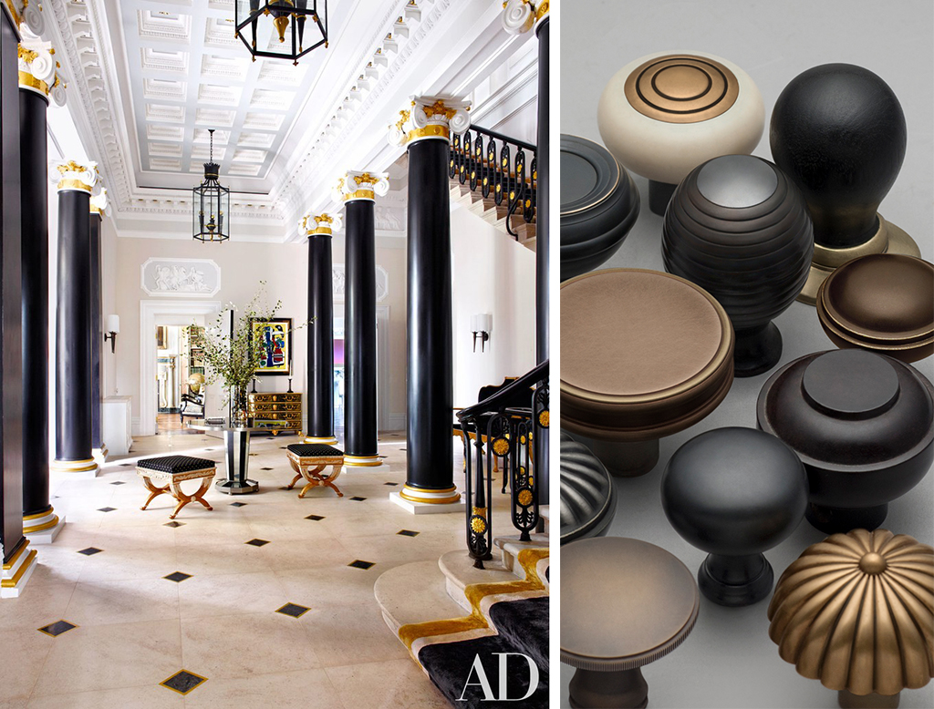 London mansion with H. Theophile hardware and a collection of custom door knobs in various materials and finishes.