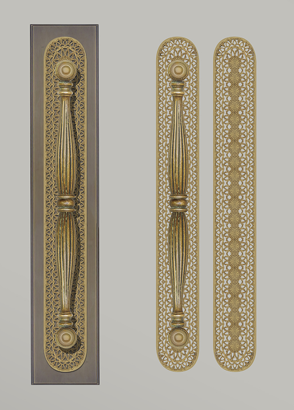 Bespoke door pull inspired by vintage mechanisms and fittings in antique brass finish.